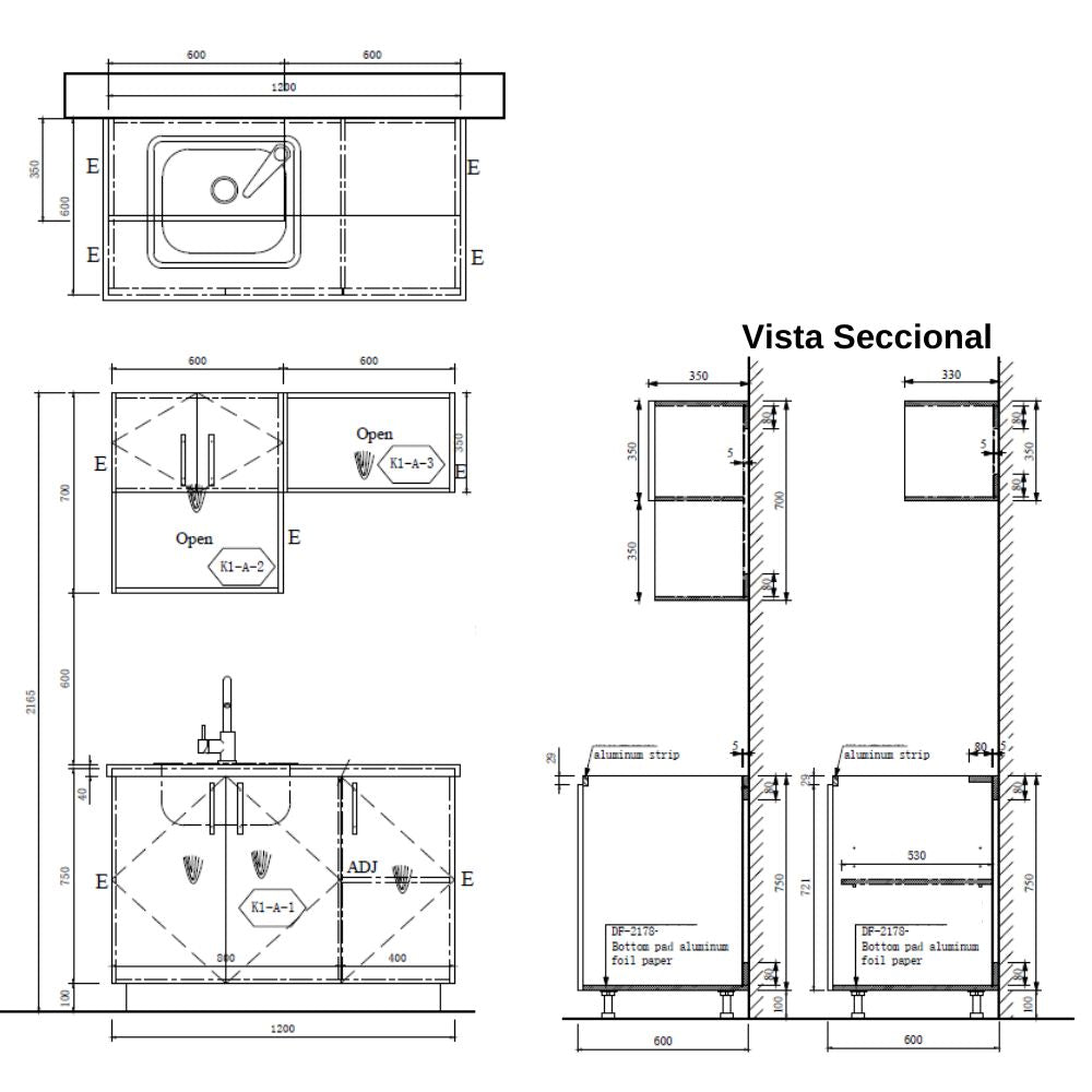 MUEBLE DE COCINA CON FREGADOR Y GABINETE AEREOS COLOR CHOCOLATE YKL-CG-03/TH2215 IZQUIERDO 1.20M