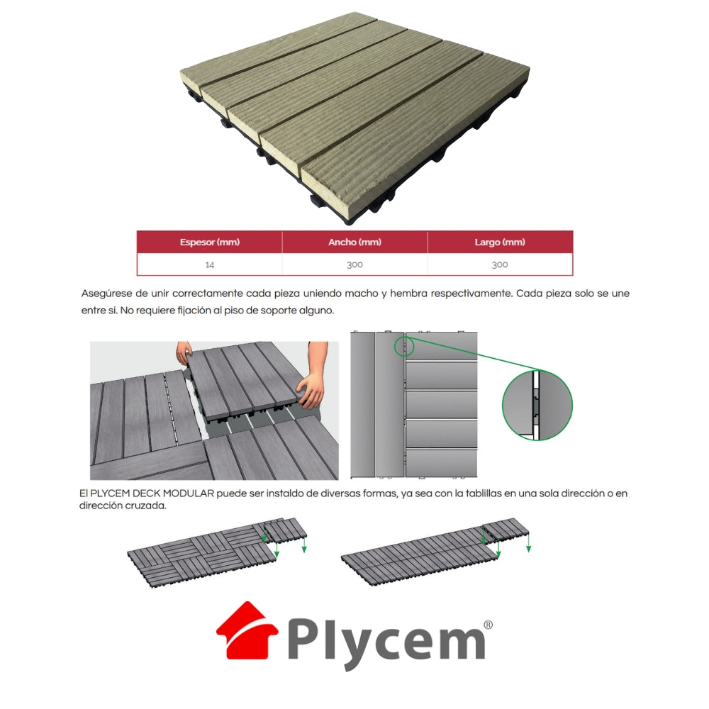 DECK MODULAR PLYCEM GRIS 30 CM X 30CM X 14MM PQT 6 UNI.(0.54M2) 1330833