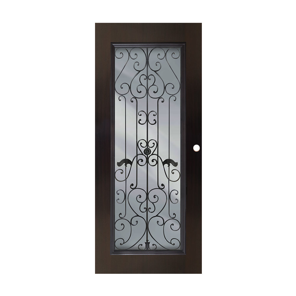 PUERTA DE METAL 3' X 7' DE 1 PANEL CON BASTIDOR DE MADERA VIDRIO CON HIERRO DECORATIVO ACABADO MADERA CAOBA METALPRO