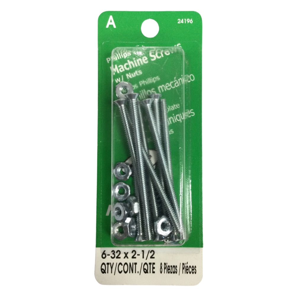 TORNILLO DE MAQUINA CON TUERCA CAB PLANA PHILLIPS N°6-32 x 2-1/2 PULGADAS ROSCA ESTANDAR