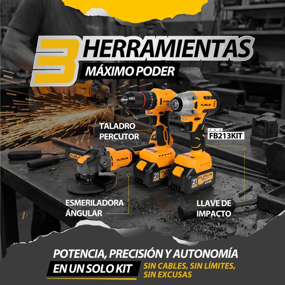 KIT TALADRO PERCUTOR + ESMERILADORA ANGULAR + LLAVE DE IMPACTO INALÁMBRICOS SIN CARBONES 21V FURIUS