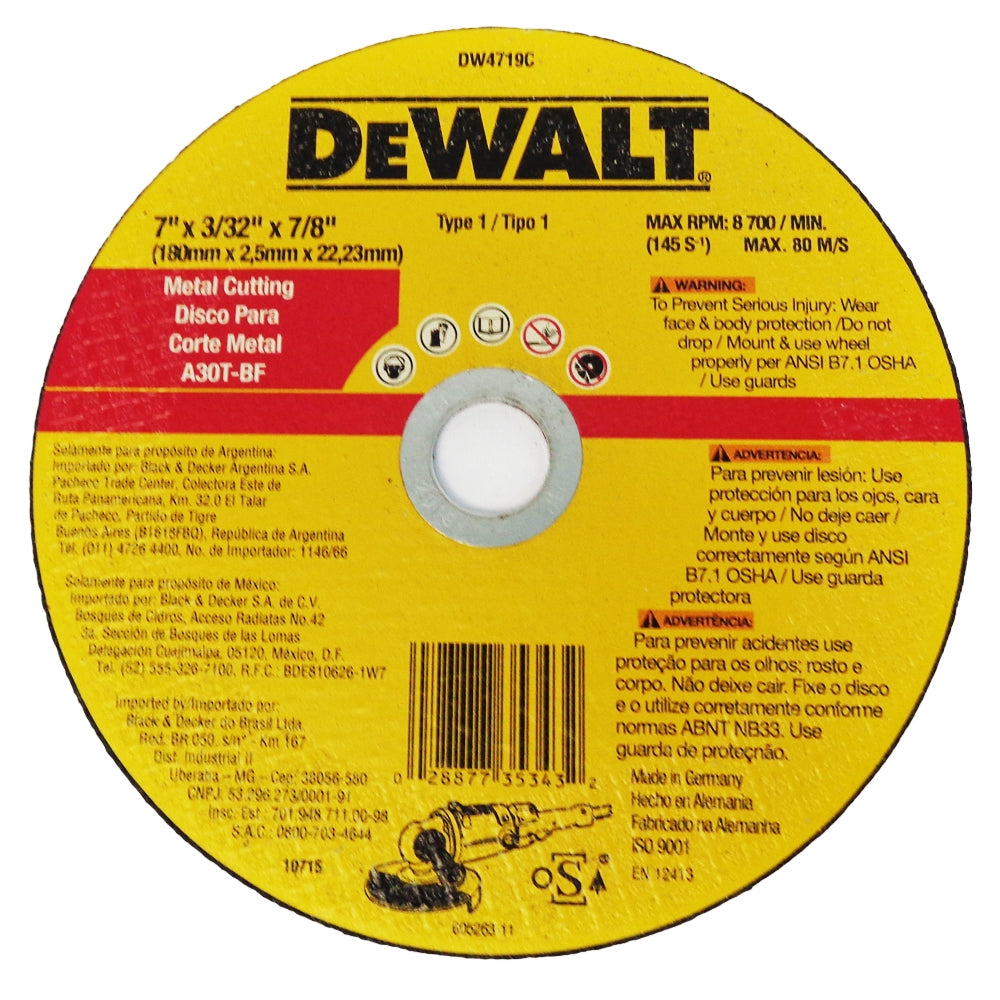 DISCO CORTE METAL 7 PULGADAS X 3/32 PULGADAS DW4719C DEWALT