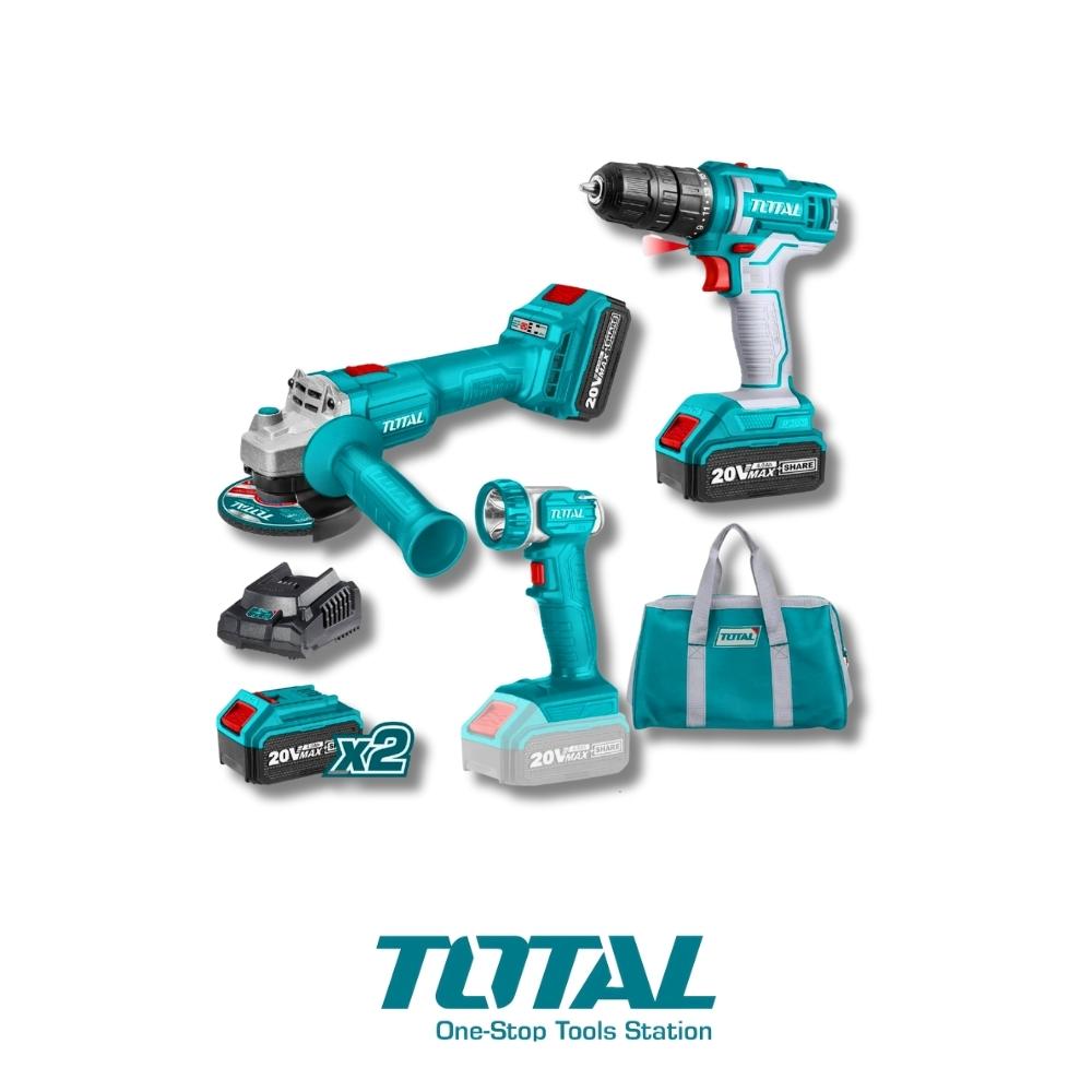 COMBO INALÁMBRICO TOTAL TALADRO + FLEXIBLE + LÁMPARA UTCKLI20418