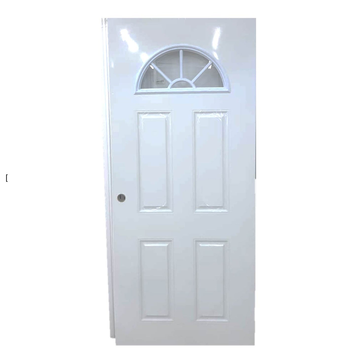 PUERTA DE METAL CON BASTIDOR DE MADERA 5 PANELES 3 PIES X 7 PIES BLANCA CON VITRAL MEDIA LUNA METALPRO