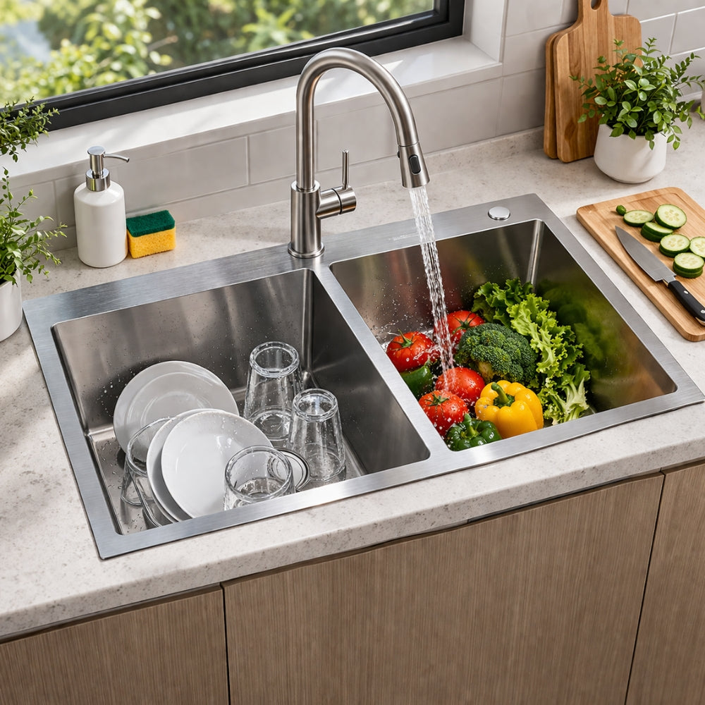 FREGADOR DE SOBREPONER DOBLE DE ACERO INOXIDABLE 72X45x22 CM GRIVEN GRV-7845A2