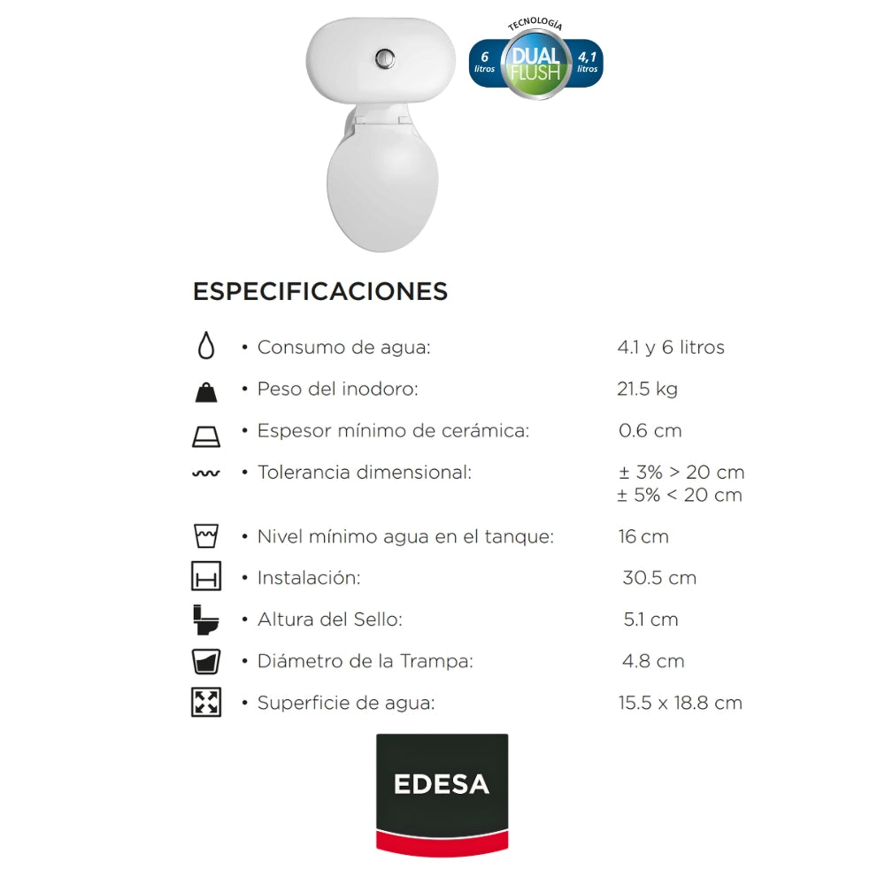 INODORO DOS PIEZAS REDONDO COLOR BLANCO ANDES DUAL FLUSH EDESA