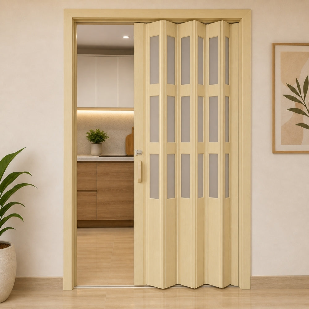 PUERTA PLEGABLE PVC 2030X1060X12MM BEIGE MITAD VIDRIO Y PVC (F12K07B3)