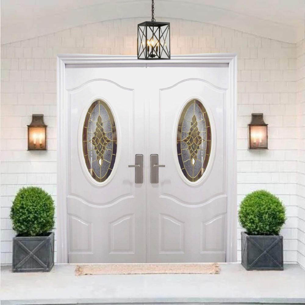PUERTA MULTIPUNTOS GALVANIZADA VITRAL OVALADO DOBLE 6 PIES X 7 PIES ACABADO BLANCO