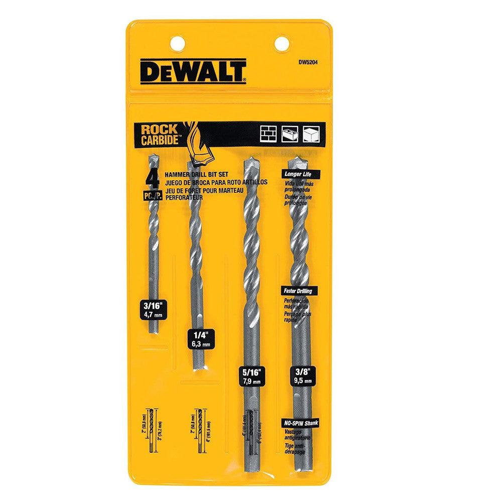 SET DE BROCAS DE PERCUSION 4 PIEZAS 3/16-1/4 -5/16 -3/8 (DW5204 Y ) DEWALT