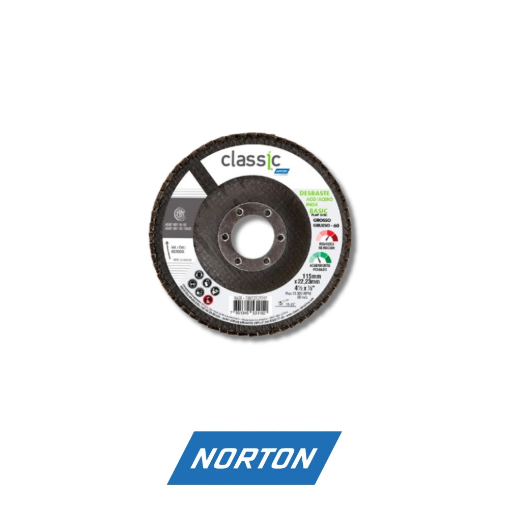 DISCO PARA METAL FLAP 4.5 PULGADAS X 7/8 PULGADAS #60 NORTON
