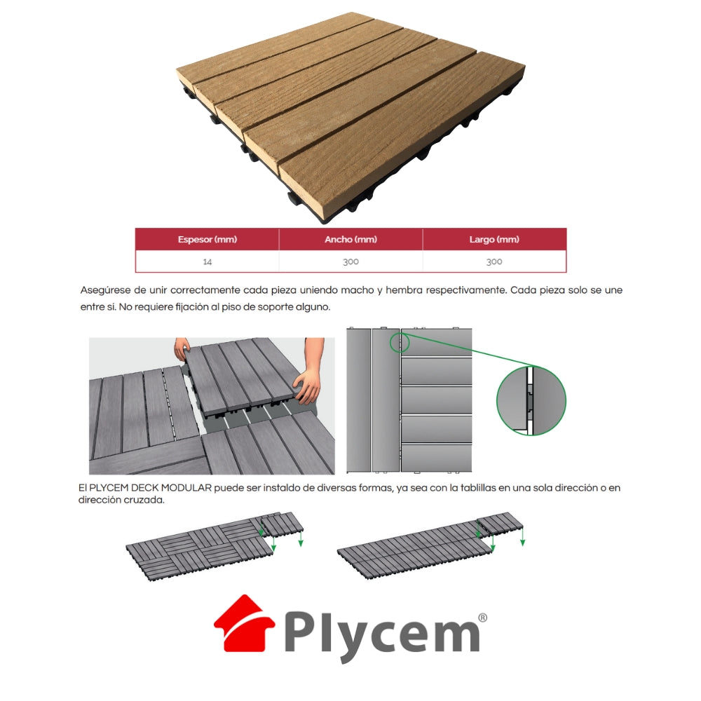 DECK MODULAR PLYCEM MADERA 30CM X 30CM X 14MM PQT 6 UNI. (0.54M2) 1330392
