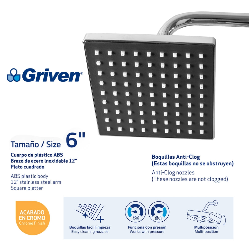 REGADERA TIPO LLUVIA 6 PULGADAS CROMADO GRIVEN GV-SHC-A6