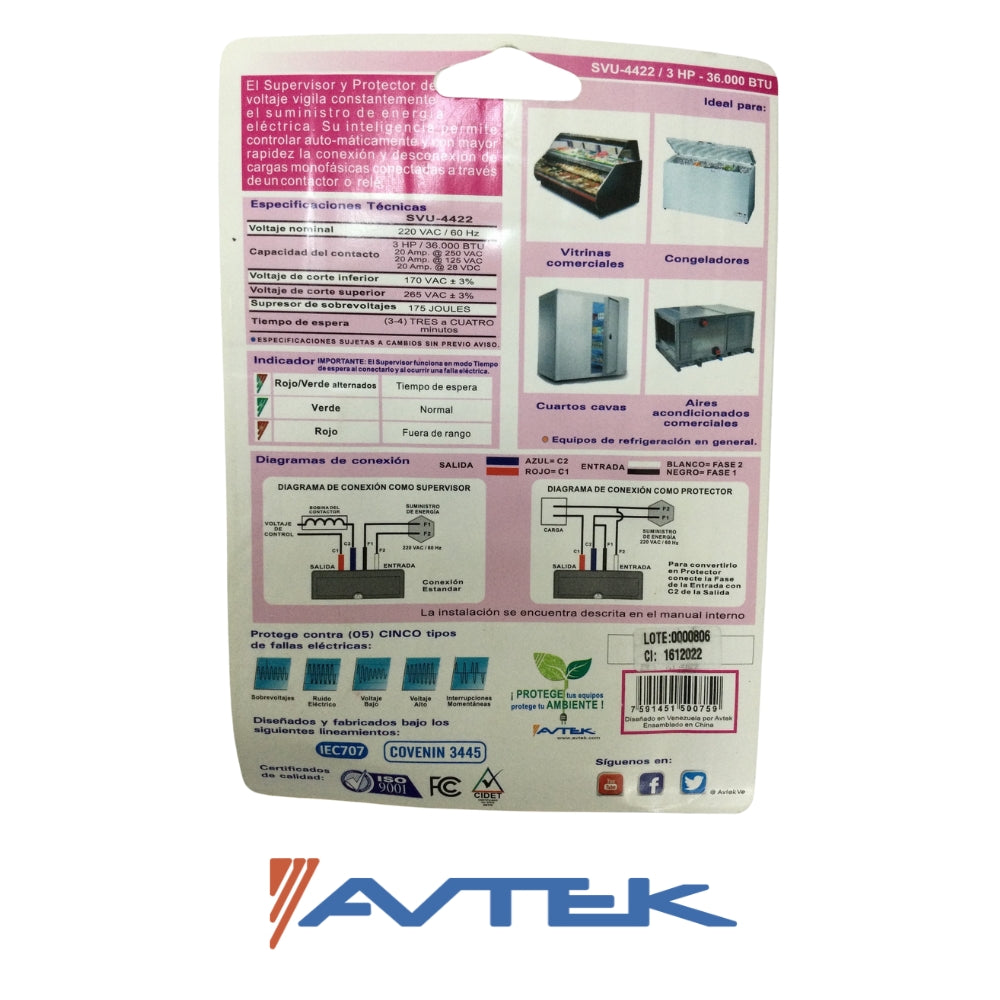 SUPERVISOR DE VOLTAJE PARA EQUIPOS DE REFRIGERACIÓN COMERCIAL 220V AVTEK