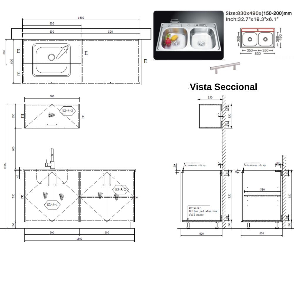 MUEBLE DE COCINA CON FREGADOR Y GABINETE AEREOS COLOR BLANCO YKL-CG-06/TH2242 IZQUIERDO 1.60M