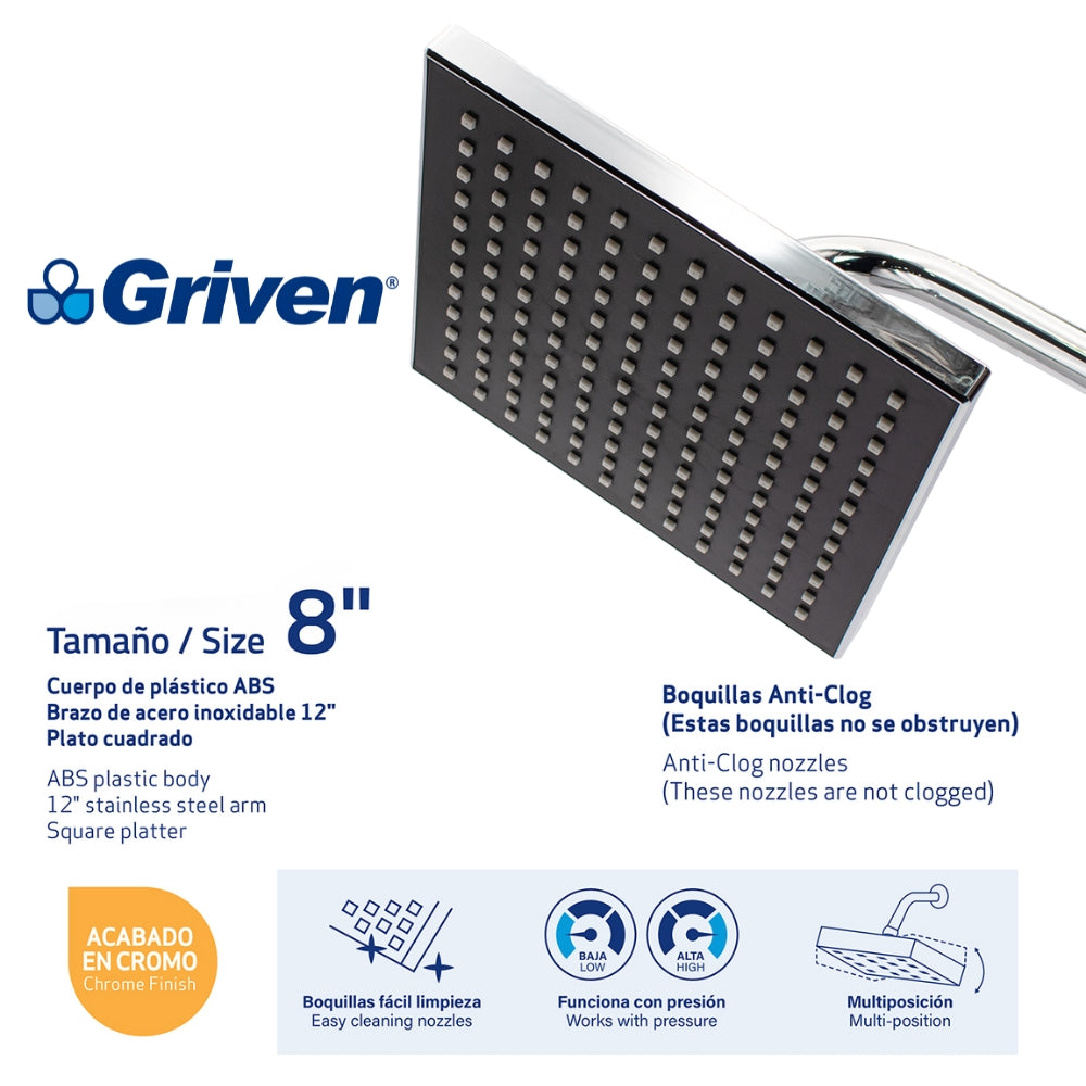 REGADERA TIPO LLUVIA 8 PULGADAS CROMADA GRIVEN GV-SHC-A8