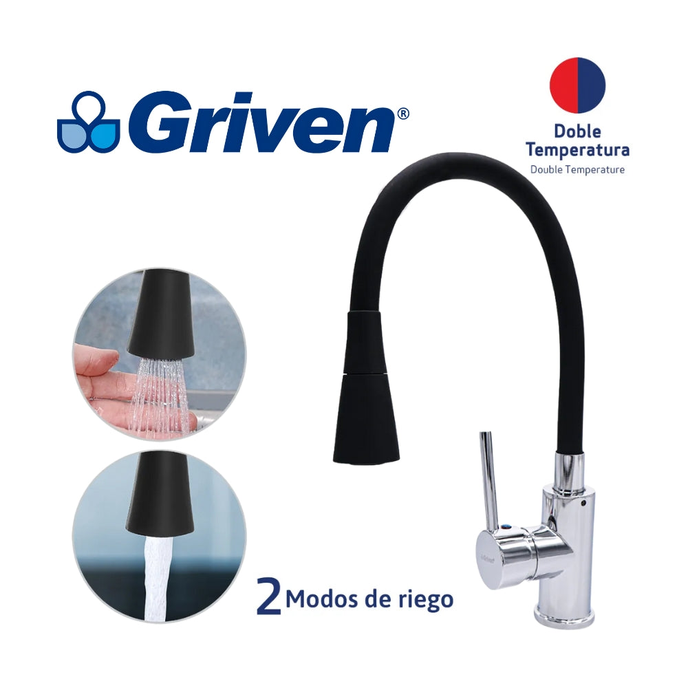 LLAVE MONOMANDO DE FREGADOR CUELLO FLEXIBLE NEGRO GRIVEN A367-SH700B-BK-3-8