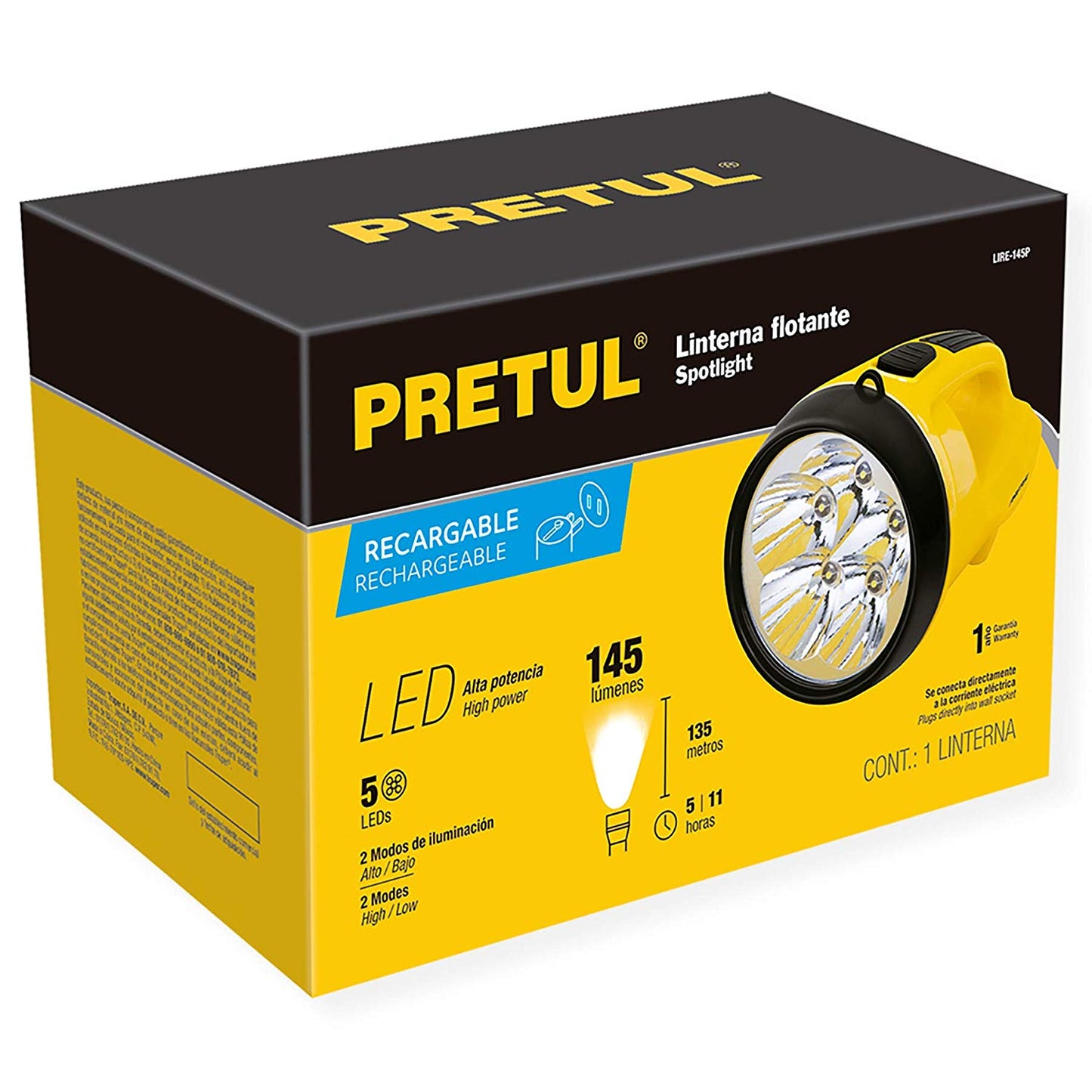 LINTERNA RECARGABLE LED 145 LUMENS DISTANCIA 134m PRETUL