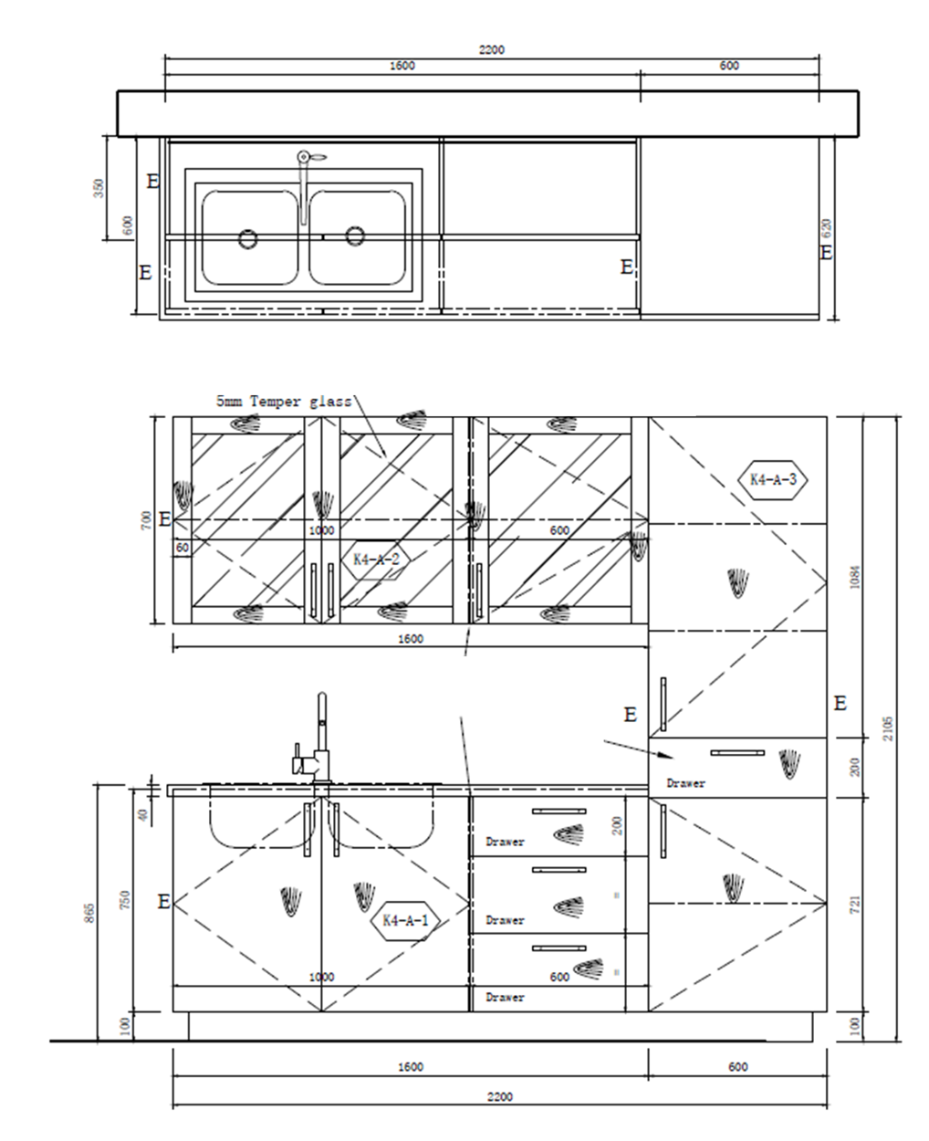 MUEBLE DE COCINA CON FREGADOR Y GABINETE AEREOS COLOR BLANCO YKL-CG-13/TH2242 IZQUIERDO 2.20M