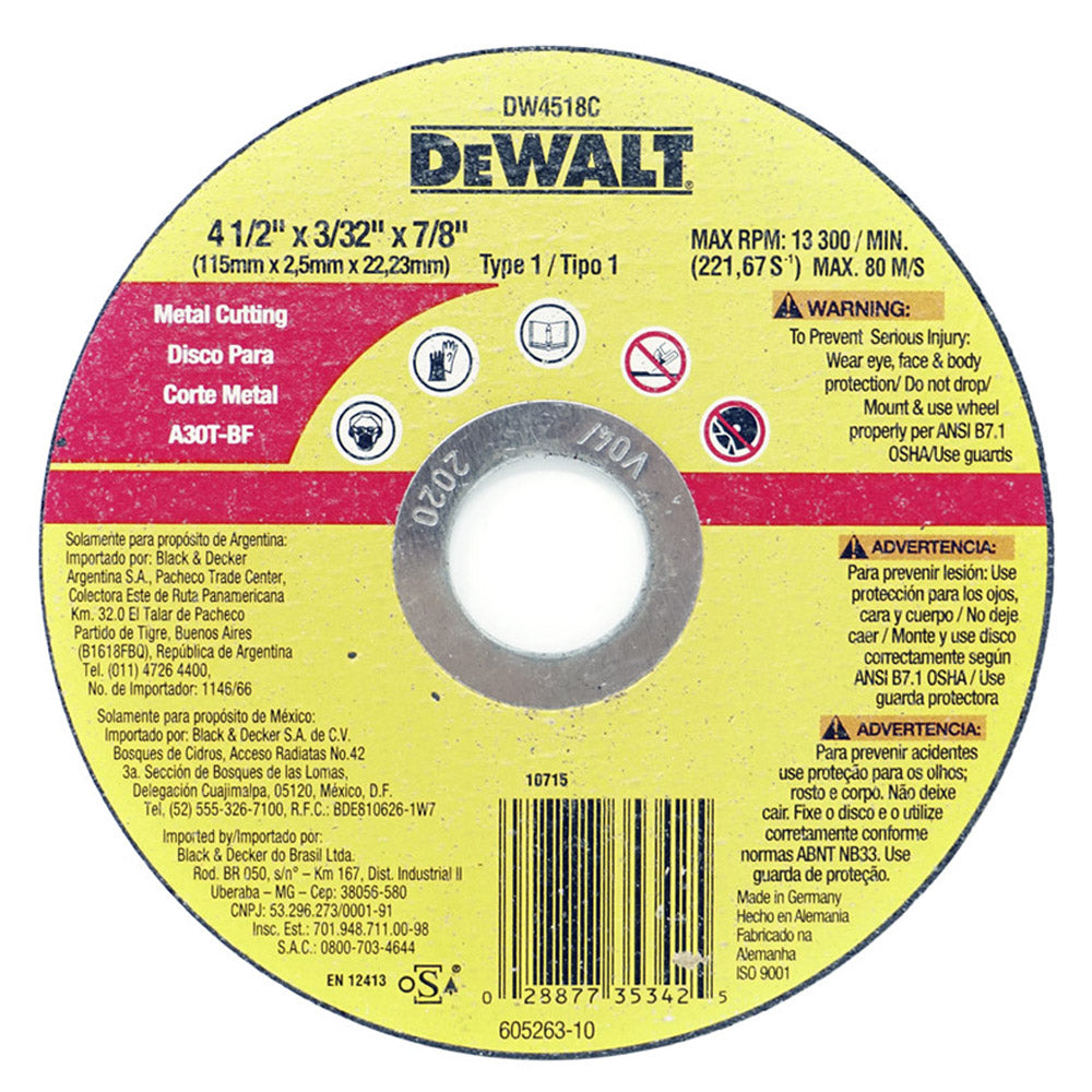 DISCO CORTE METAL 4 1/2 PULGADAS X 3/32 PULGADAS X 7/8 PULGADAS DW4518C DEWALT