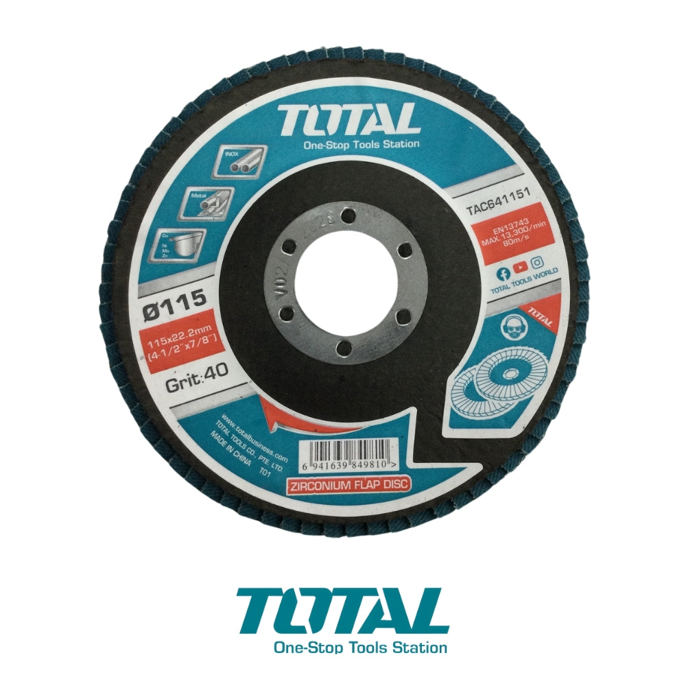 DISCO FLAP DE ZIRCONIO 4-1/2 PULGADASX7/8 PULGADAS 115X22mm GRANO P40 TOTAL TAC641151