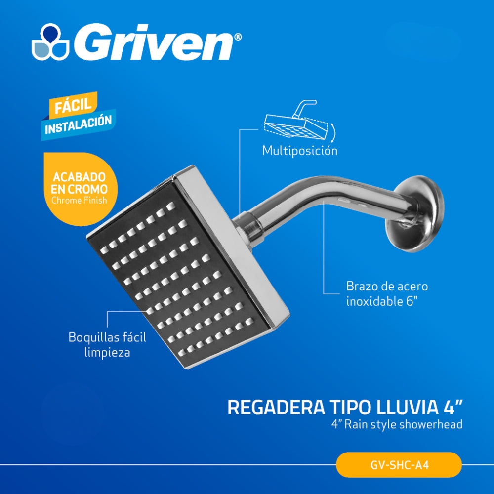 REGADERA TIPO LLUVIA 4 PULGADAS CROMADO GRIVEN GV-SHC-A4