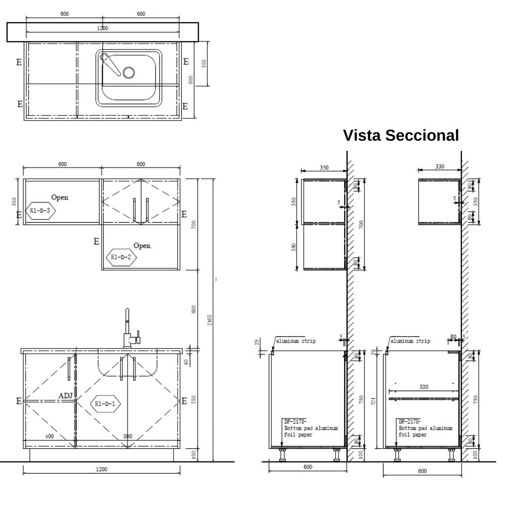 MUEBLE DE COCINA CON FREGADOR Y GABINETE AEREOS COLOR CHOCOLATE YKL-CG-03/TH2215 DERECHO 1.20M