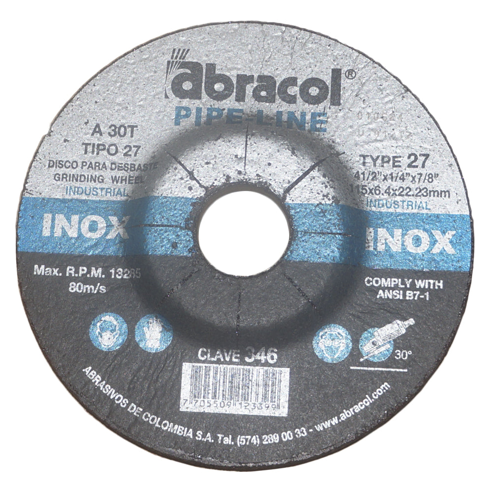 DISCO DESBASTE INOXIDABLE 4-1/2 PULGADAS X 1/4 PULGADAS X 7/8 PULGADAS A30T - ABRACOL (ABD7A0030066)