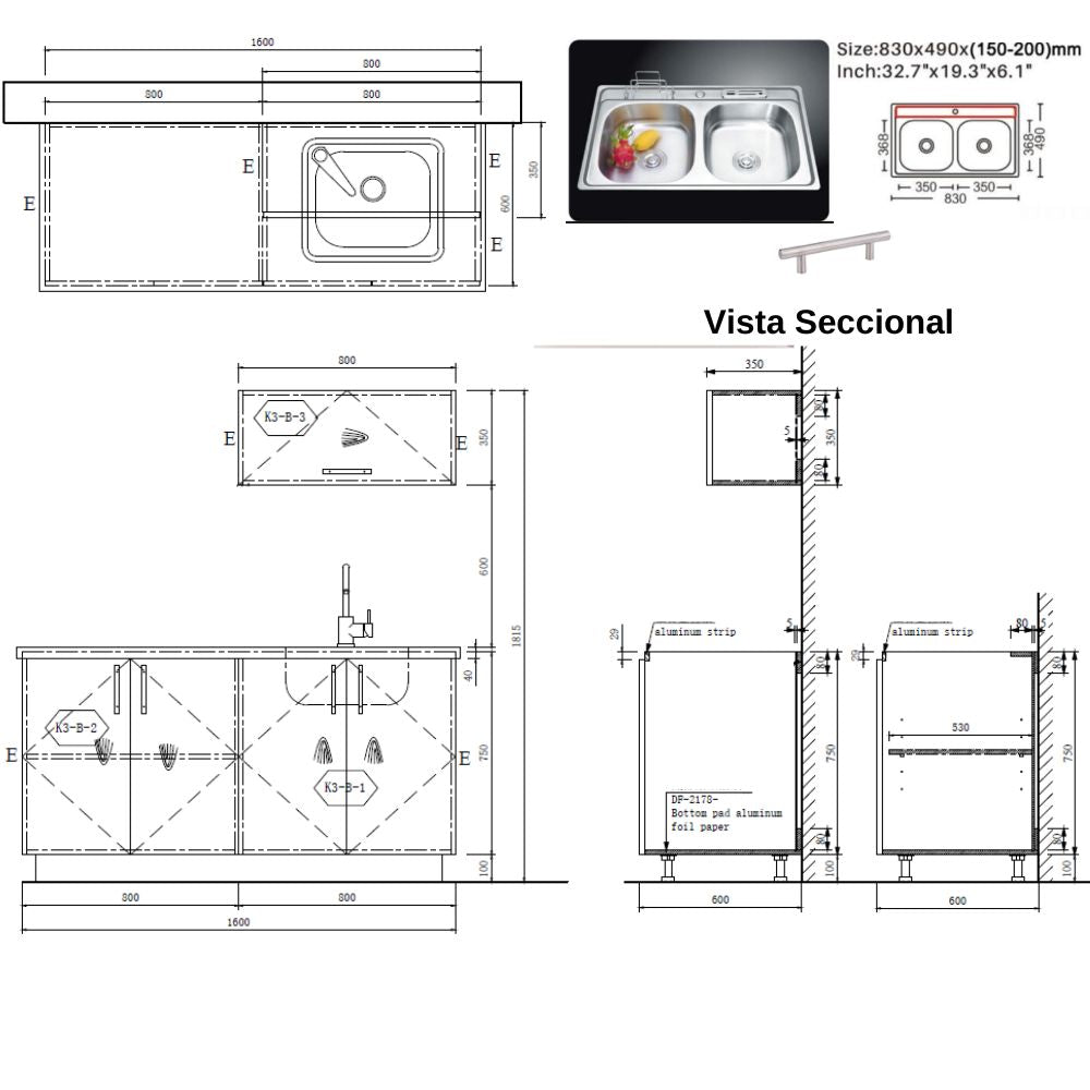 MUEBLE DE COCINA CON FREGADOR Y GABINETE AEREOS COLOR CHOCOLATE YKL-CG-06/TH2215 DERECHO 1.60M
