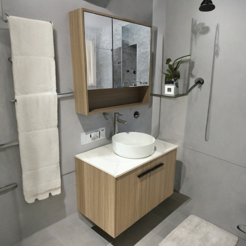 MUEBLE DE BAÑO DE PVC CON LAVAMANO Y GRIFERIA MIGNON 0.8X0.465X0.5 M INCLUYE BOTIQUIN CON ESPEJO 0.75X0.15X0.7 M PE12-80 BOA ROBLE BEIGE