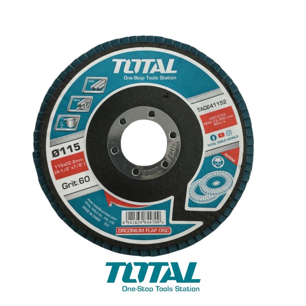 DISCO FLAP DE ZIRCONIO 4-1/2 PULGADASX7/8 PULGADAS 115X22MM GRANO P60 TOTAL TAC641152