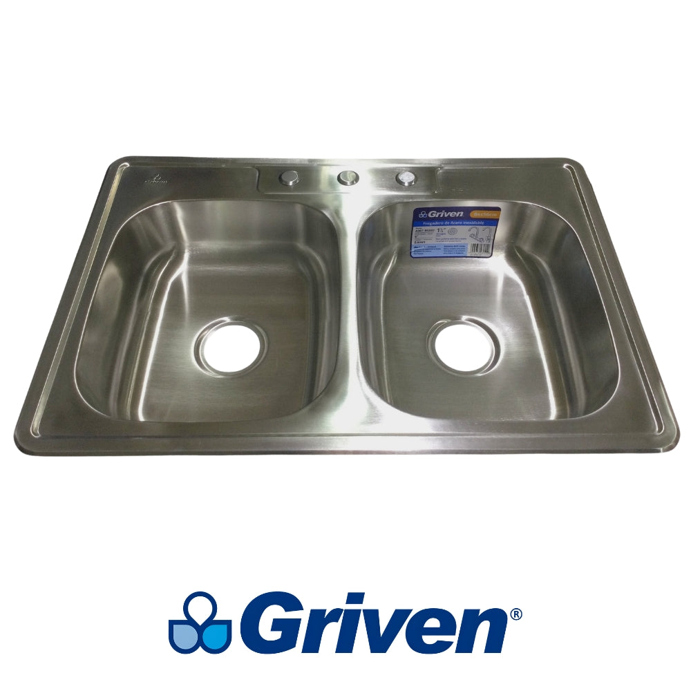 FREGADOR DE EMPOTRAR DOBLE DE ACERO INOXIDABLE 84X56 CM GRIVEN A367-8456D