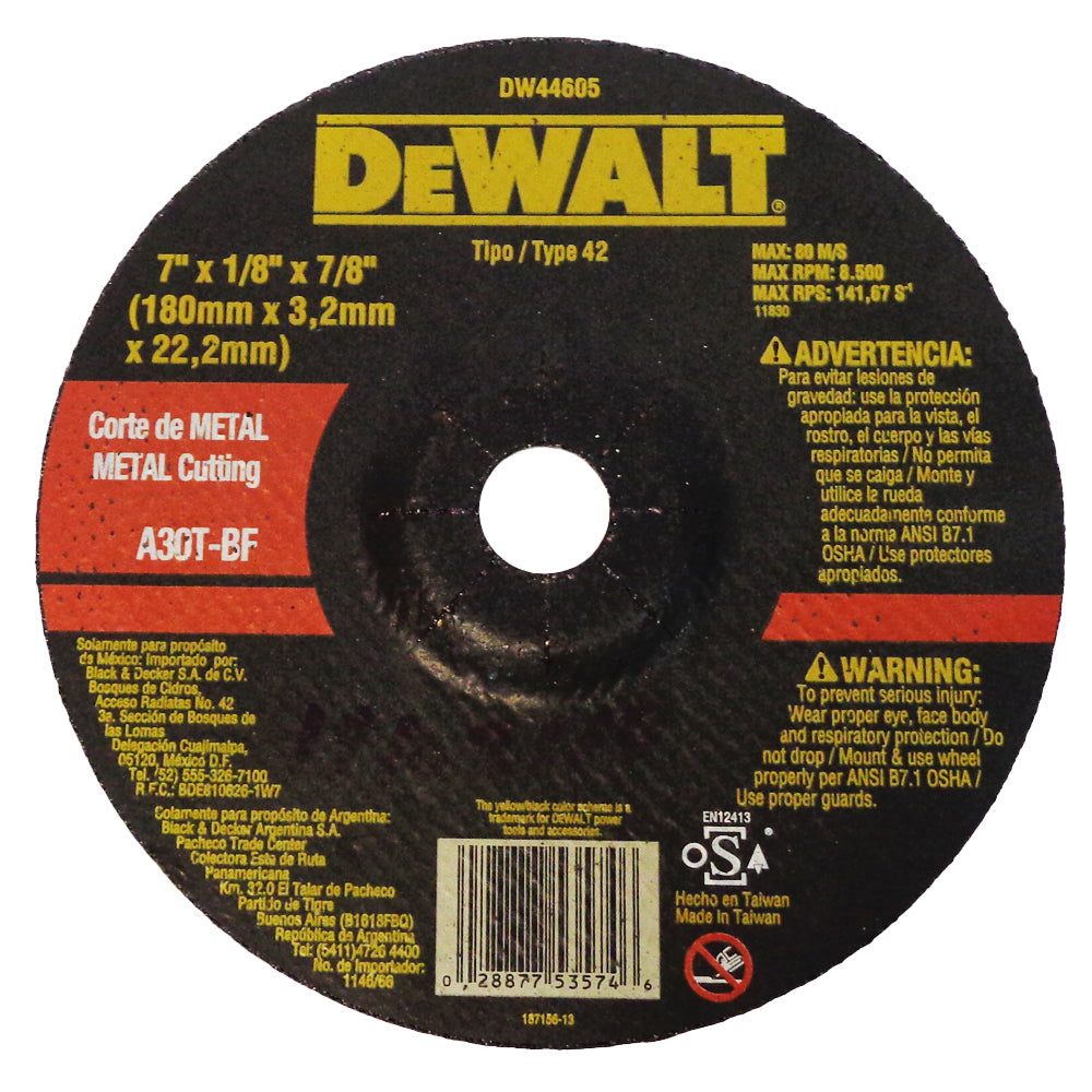 DISCO CORTE METAL 7 PULGADAS X 1/8 PULGADAS DW44605 DEWALT