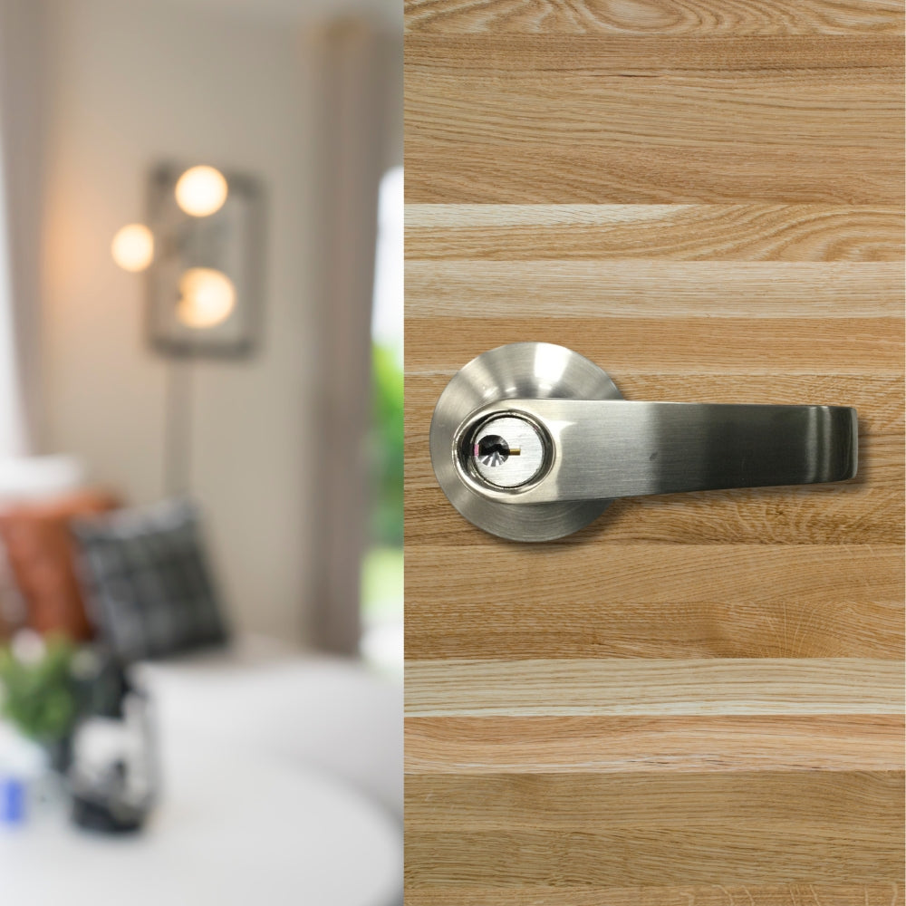 CERRADURA DE ENTRADA CON MANIJA GRADO 2 SATIN NIQUEL LLAVE/BOTON 9802 LOCKPRO
