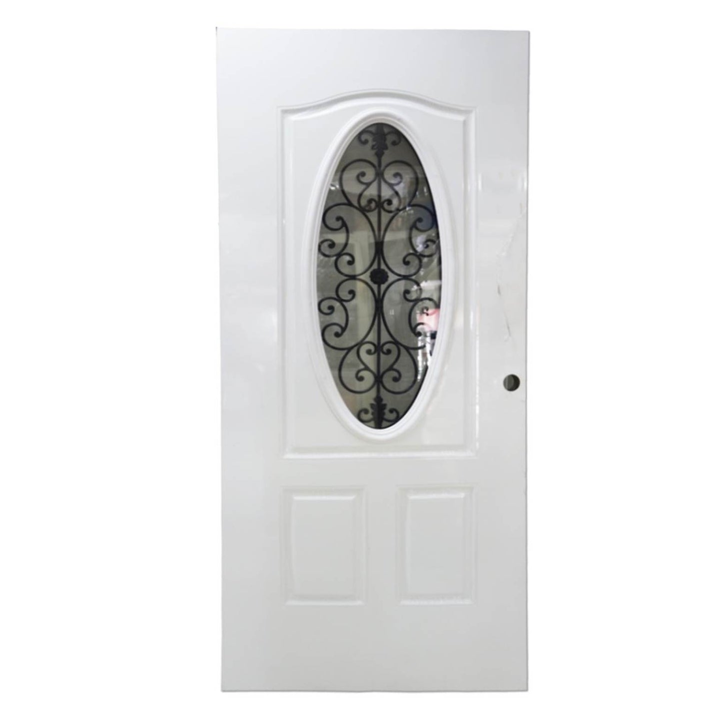 PUERTA DE METAL CON BASTIDOR DE MADERA 3 PANELES 3 PIES X 7 PIES BLANCA CON VIDRIO MAS HIERRO OVALADO METALPRO
