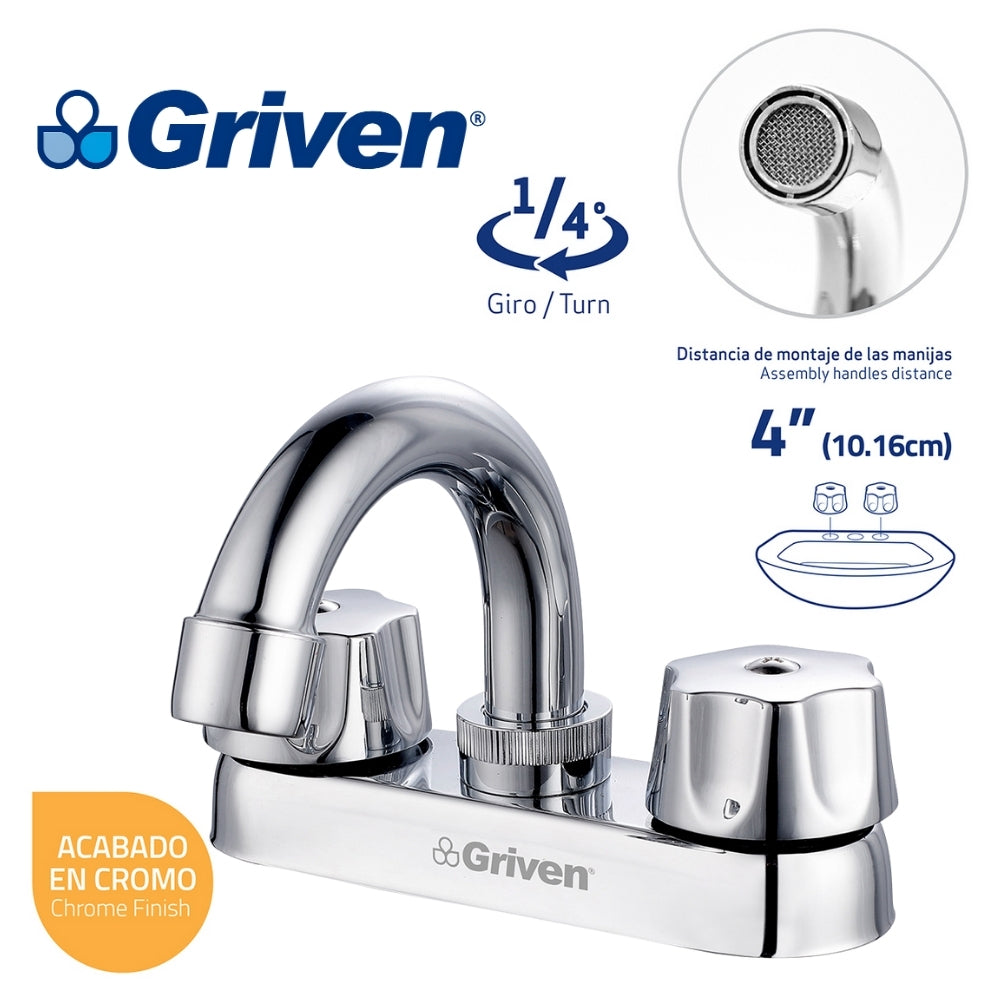 LLAVE DOBLE DE LAVAMANOS CUELLO CURVO 4 PULGADAS GRIVEN A367-15061-B