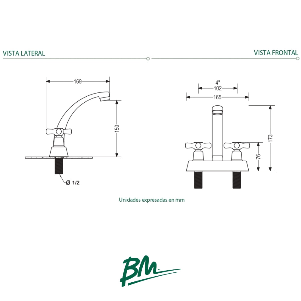 LLAVE PARA LAVAMANOS DE 4 PULGADAS MANIJA DE CRUZ IDEAL BM-C50103