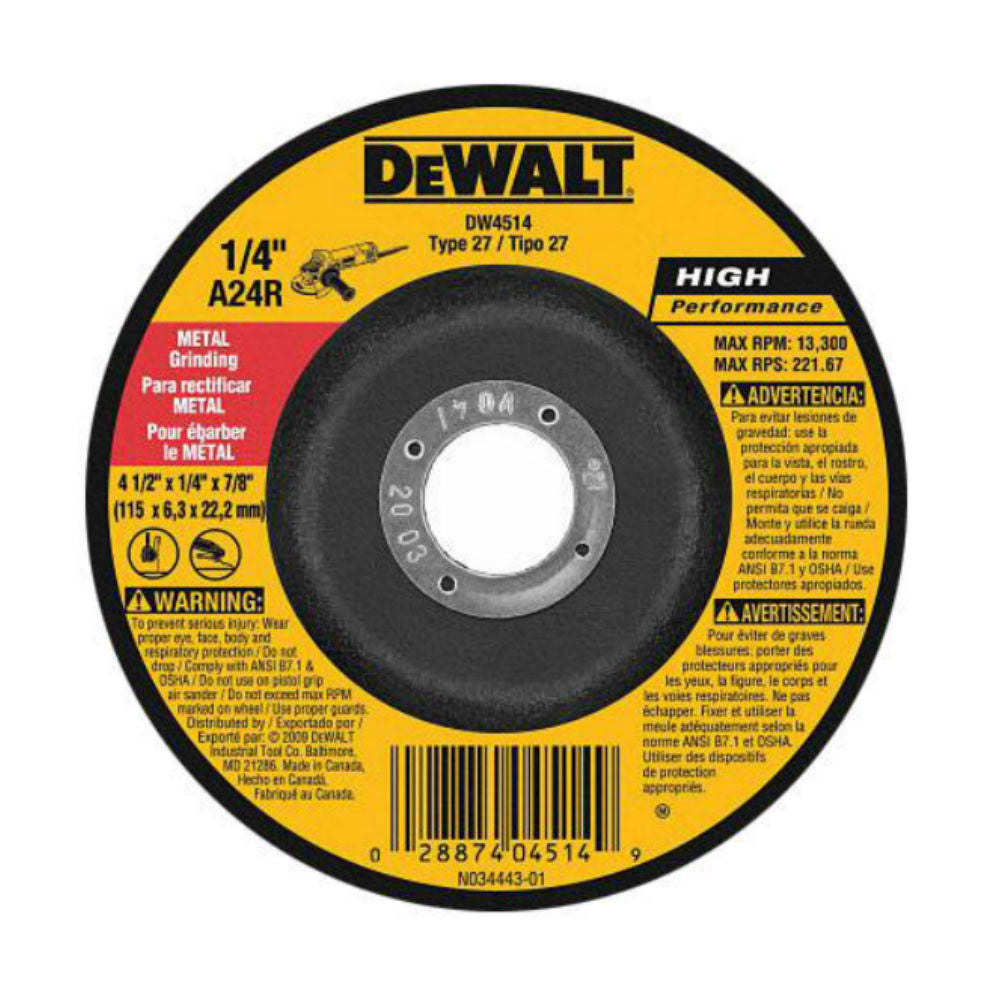DISCO DESBASTE METAL 4-1/2X1/4X7/8P/ (DW4514F)