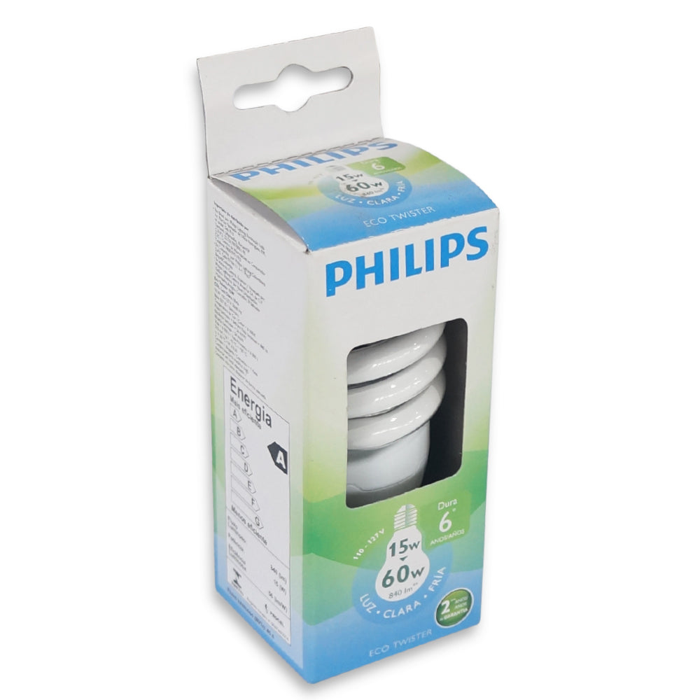 BOMBILLO AHORRADOR ECO TWISTER 15 WATTS CDL E27110-127V 1PF/12 PHILLIPS