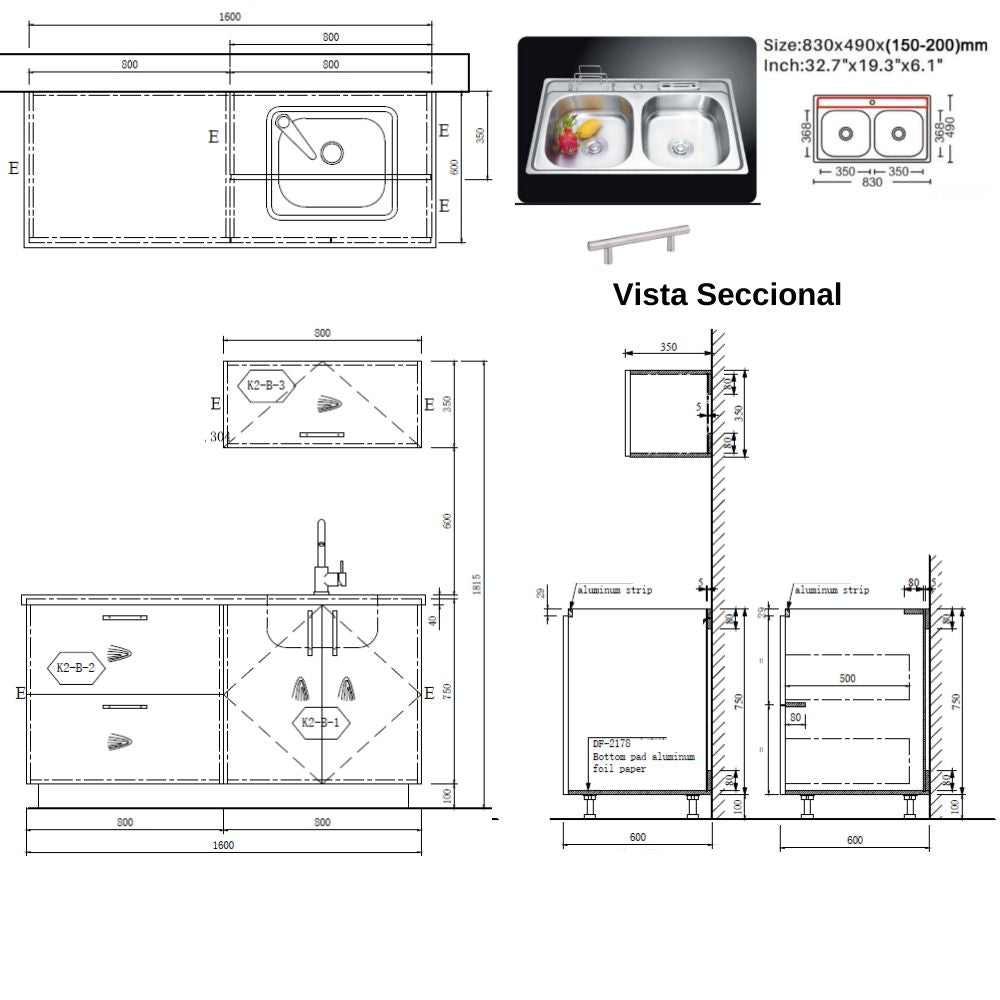 MUEBLE DE COCINA CON FREGADOR Y GABINETE AEREOS COLOR CHOCOLATE YKL-CG-05/TH2215 DERECHO 1.20M