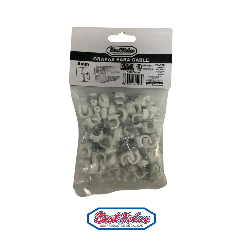 GRAPA PLASTICA PARA CABLE COAXIAL 5/16 (8MM) PAQUETE 100 UND F16508