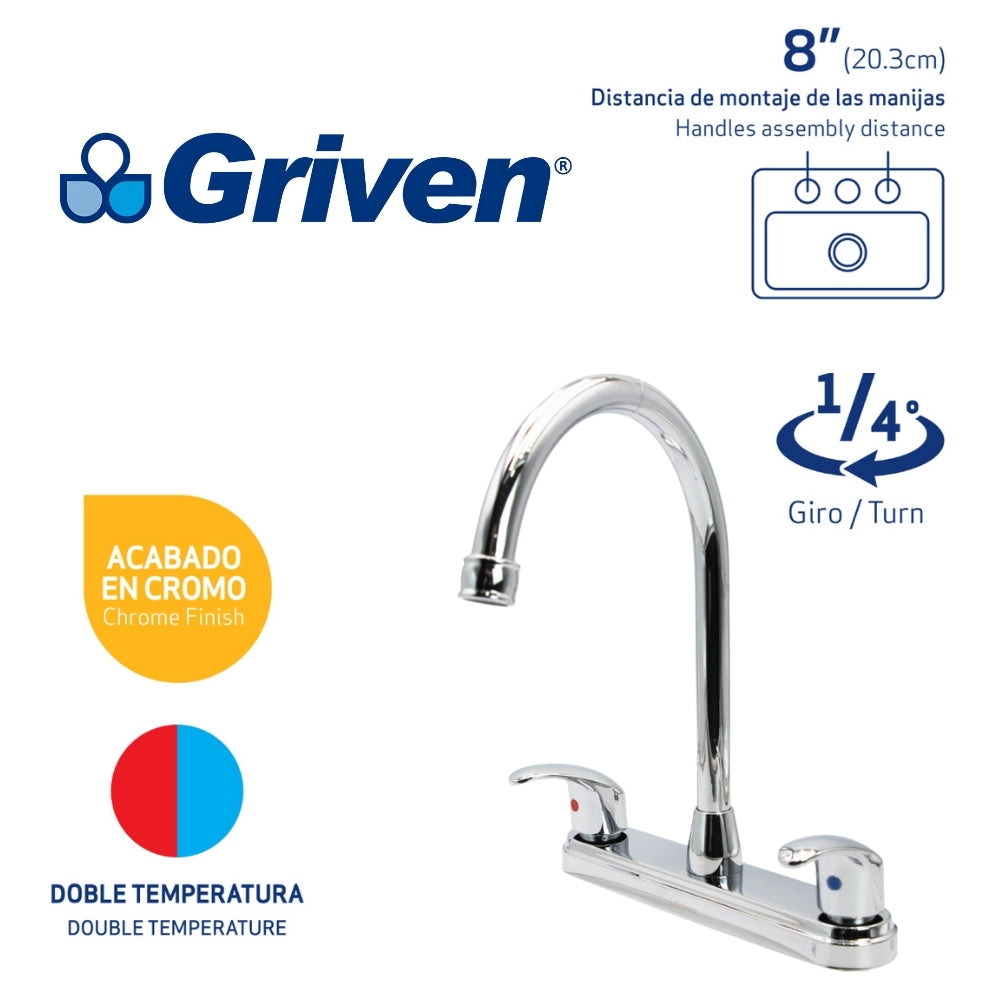 LLAVE DOBLE DE FREGADOR CUELLO ALTO CROMADO GRIVEN GV-CF-1B