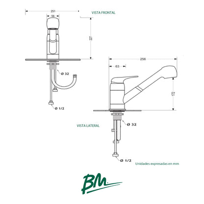LAVE DE FREGADERO MONOMANDO MANGUERA EXTRAIBLE ACABADO CROMO BM825-0201