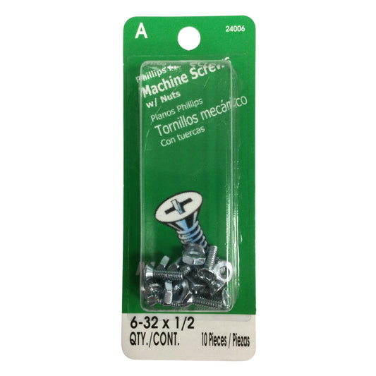 TORNILLO DE MAQUINA CON TUERCA CAB PLANA PHILLIPS N°6-32 x 1/2 PULGADAS ROSCA ESTANDAR