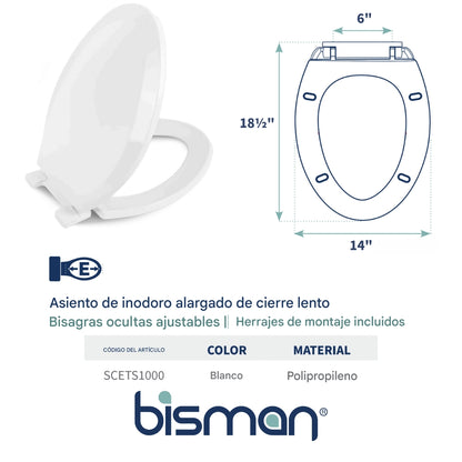 TAPA DE INODORO ELONGADO  CIERRE LENTO BLANCA 18 IN BISMAN