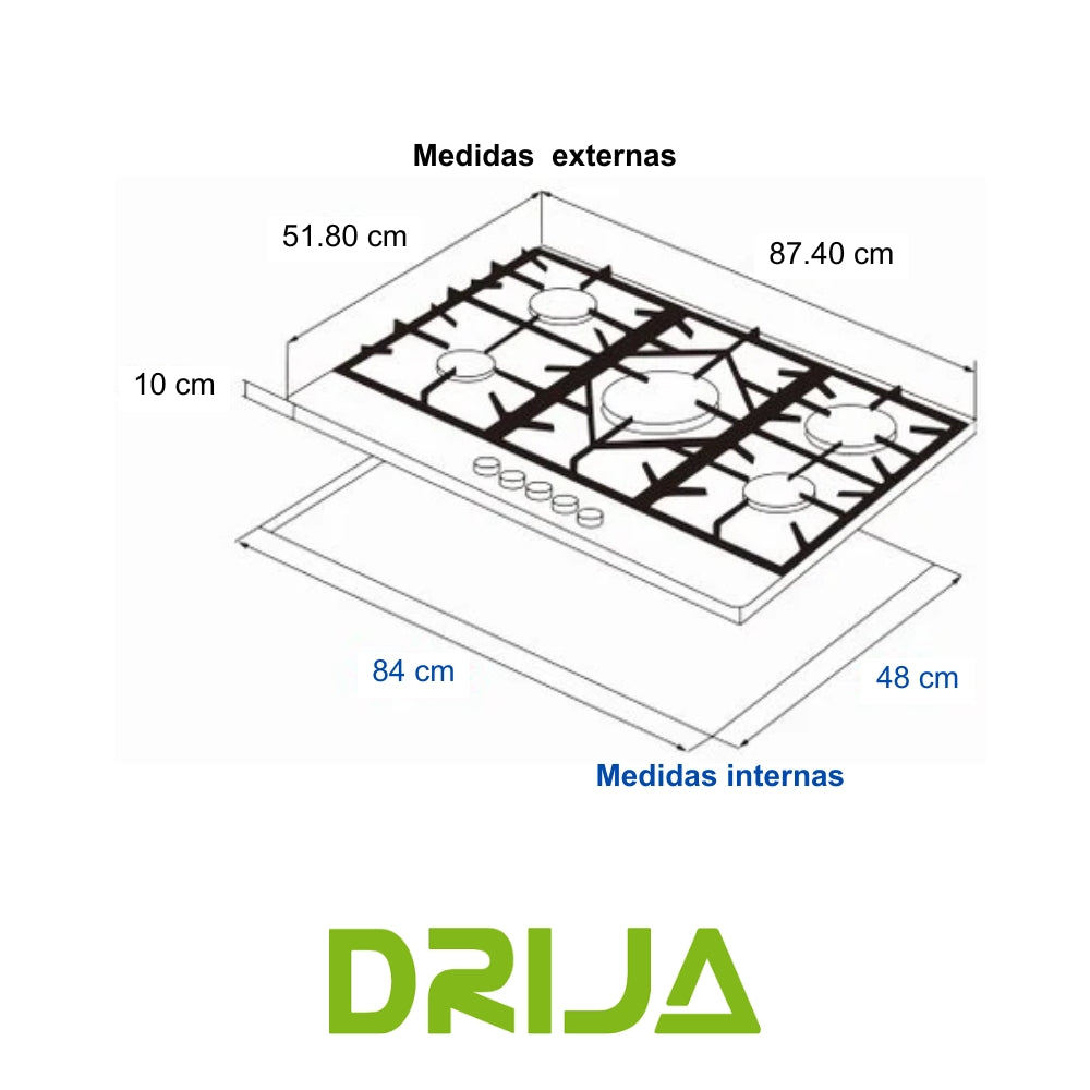 ESTUFA A GAS VITROCERAMICA-ACERO, 87.4 CM, 5 QUEMADORES (FERRARA 90 PRO)