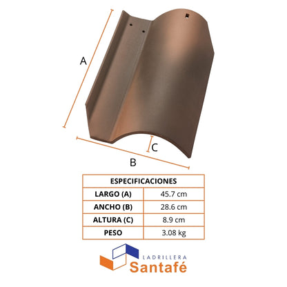 TEJA S DE ARCILLA 45,7cm x 28,6cm x 8,9cm FUME TERRACOTA SANTAFE 00000658