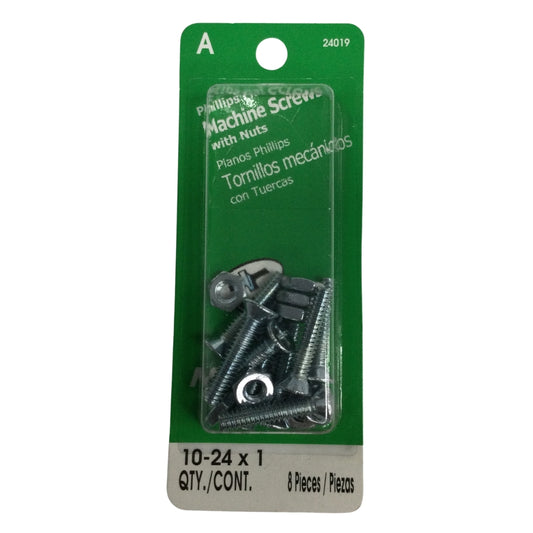 TORNILLO DE MAQUINA CON TUERCA CAB PLANA PHILLIPS N°10-24 x 1 PULGADAS ROSCA ESTANDAR