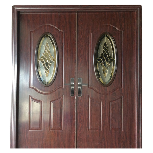 PUERTA MULTIPUNTOS GALVANIZADA VITRAL OVALADO DOBLE 6 PIES X 7 PIES ACABADO CHOCOLATE