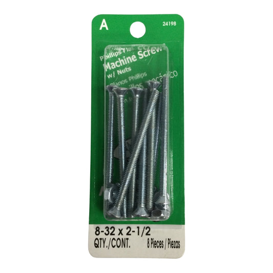 TORNILLO DE MAQUINA CON TUERCA CAB PLANA PHILLIPS N°8-32 x 2-1/2 PULGADAS ROSCA ESTANDAR
