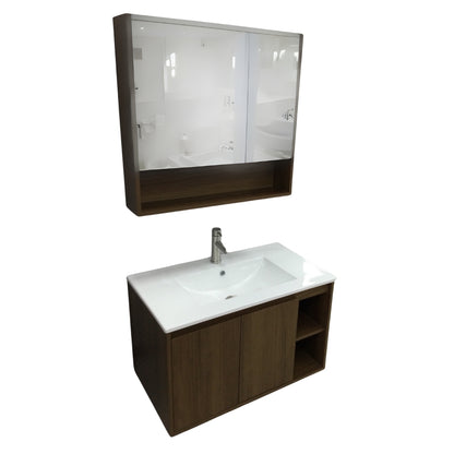 MUEBLE DE BAÑO DE PVC CON LAVAMANO Y GRIFERIA YATES 0.8X0.465X0.5 M INCLUYE BOTIQUIN CON ESPEJO 0.75X0.15X0.7 M PE10-80 NOGAL MARRON